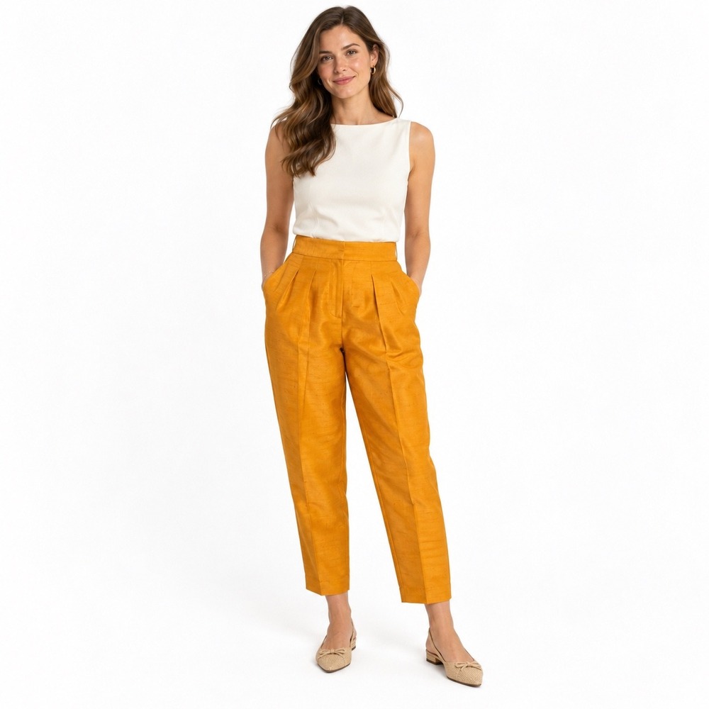 Julia Amory Silk Trousers Womens Medium Marigold Pleated High Waist Quiet Luxury